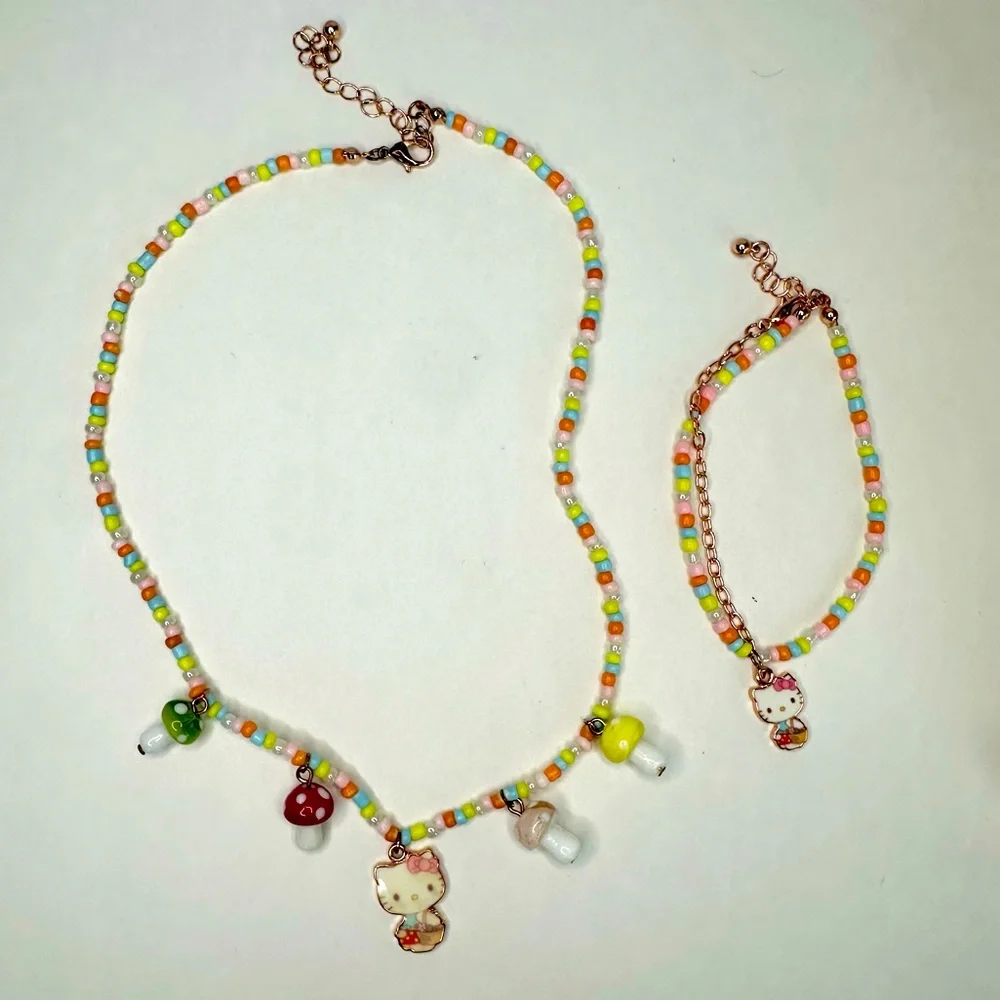 Hello Kitty Matching Multicolor Bead & Charm Necklace and Bracelet Set